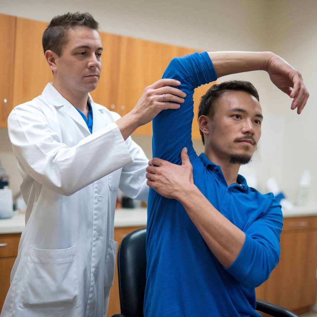 A medium shot of a physiotherapist demonstration.
